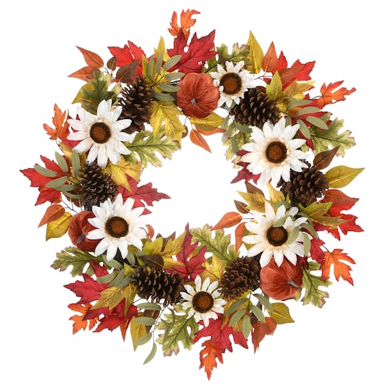 32&#x22; White Harvest Sunflowers &#x26; Pumpkins Wreath